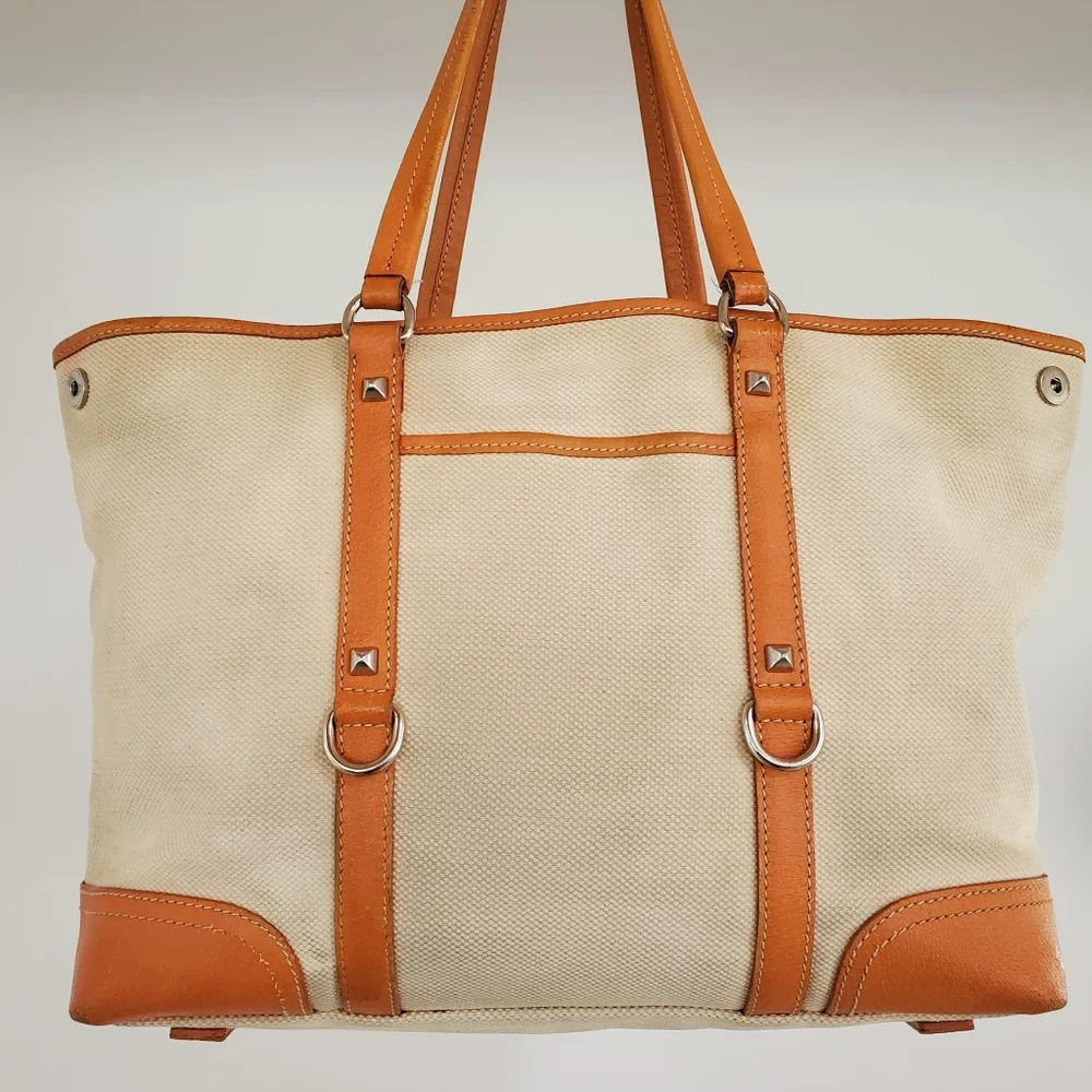 Prada Beige Canvas and Orange Leather TrimTote Bag